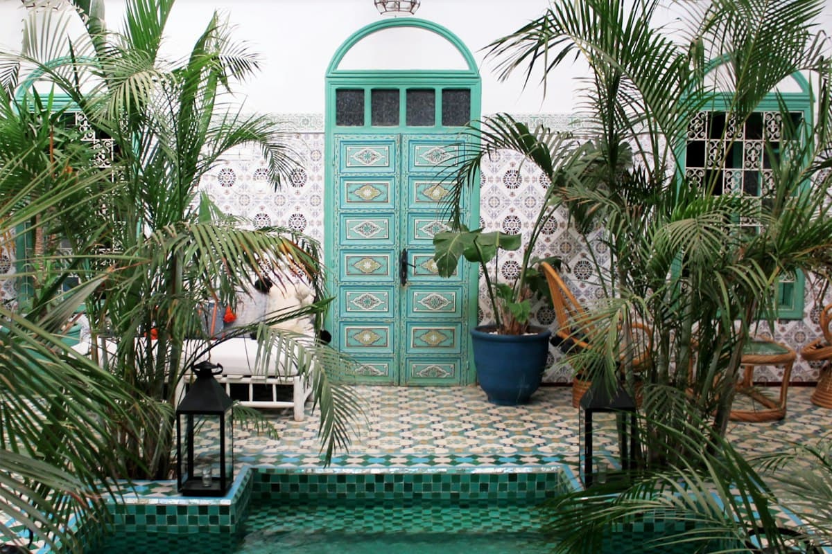 Porte bleu-vert et plantes du patio